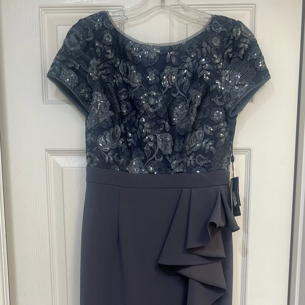 Adrianna Papell‎ Formal Dress Gown Gray Floral Embroidery  Ruffle Side Slit 2 - Picture 6 of 15